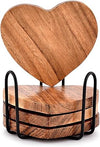 Samhita Acacia Wood Heart Shape Coaster Set of 4 with Iron Holder for Coffee Table Décor Housewarming Gift New Home Kitchen Décor